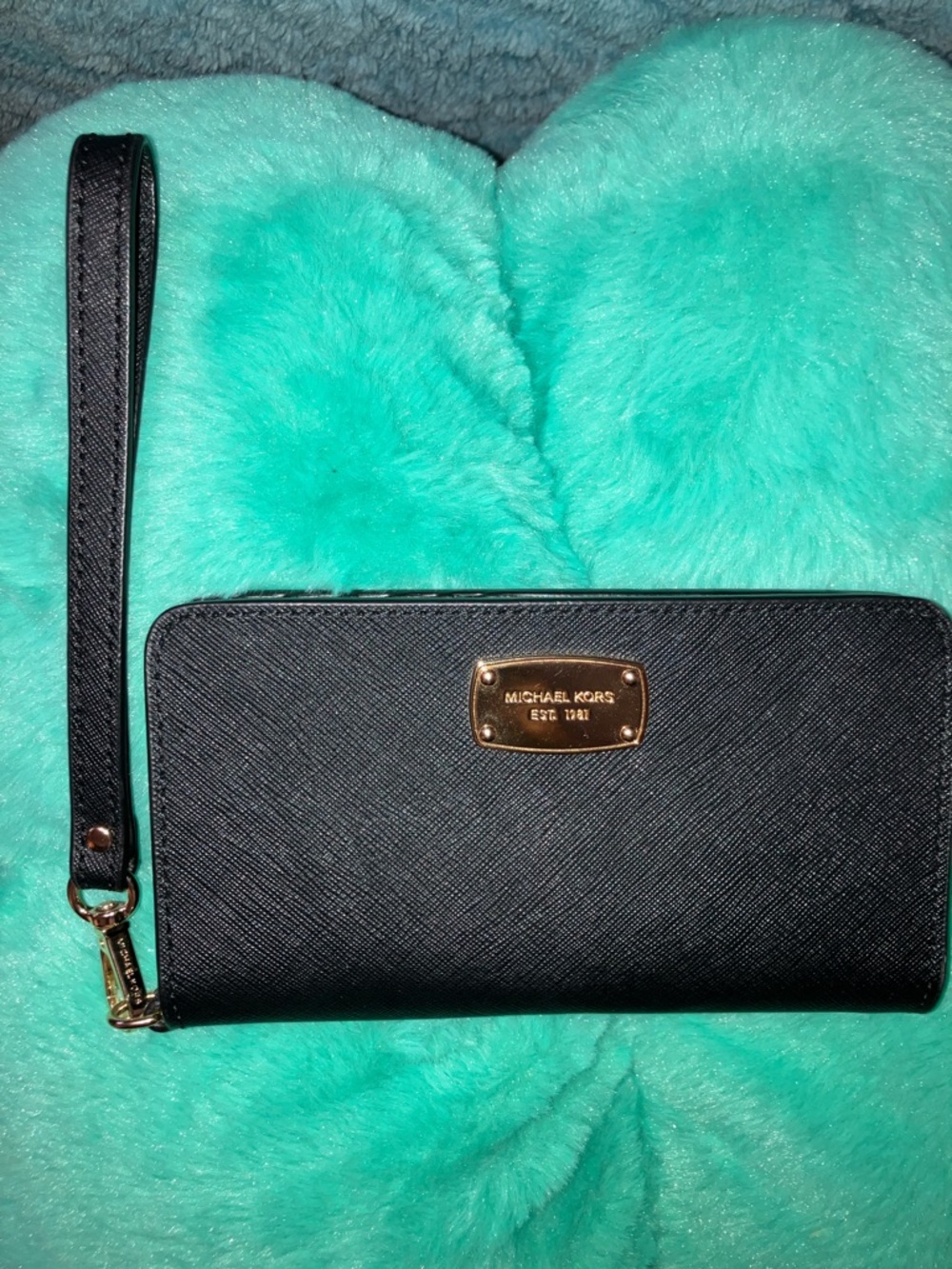 Michael Kors Black Zip-Around Wristlet Wallet with Gold Plate 6.5” X 3.5”